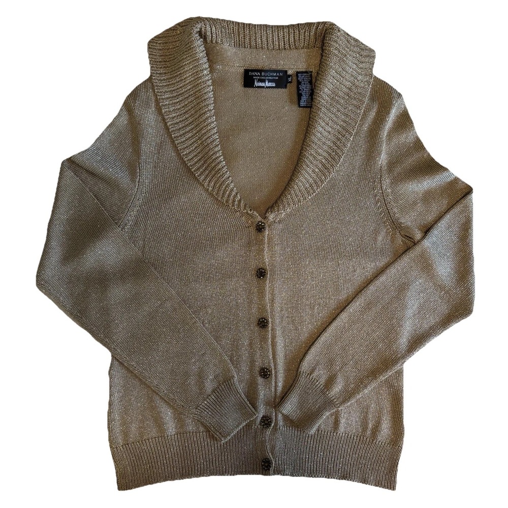 Dana Buchman Neiman Marcus Cardigan Women XL Gold Metallic Shawl Belted Sweater
